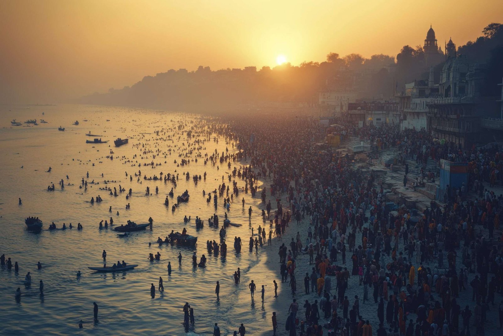 Bird's eye view of a large crowd at an Indian beach during a sunset, with soft sunlight illuminating the scene, diverse activities and vibrant colors --chaos 10 --ar 3:2 --stylize 150 --v 6.1 Job ID: 3fb170f9-dff4-4ac5-8277-0bc5eaef6870