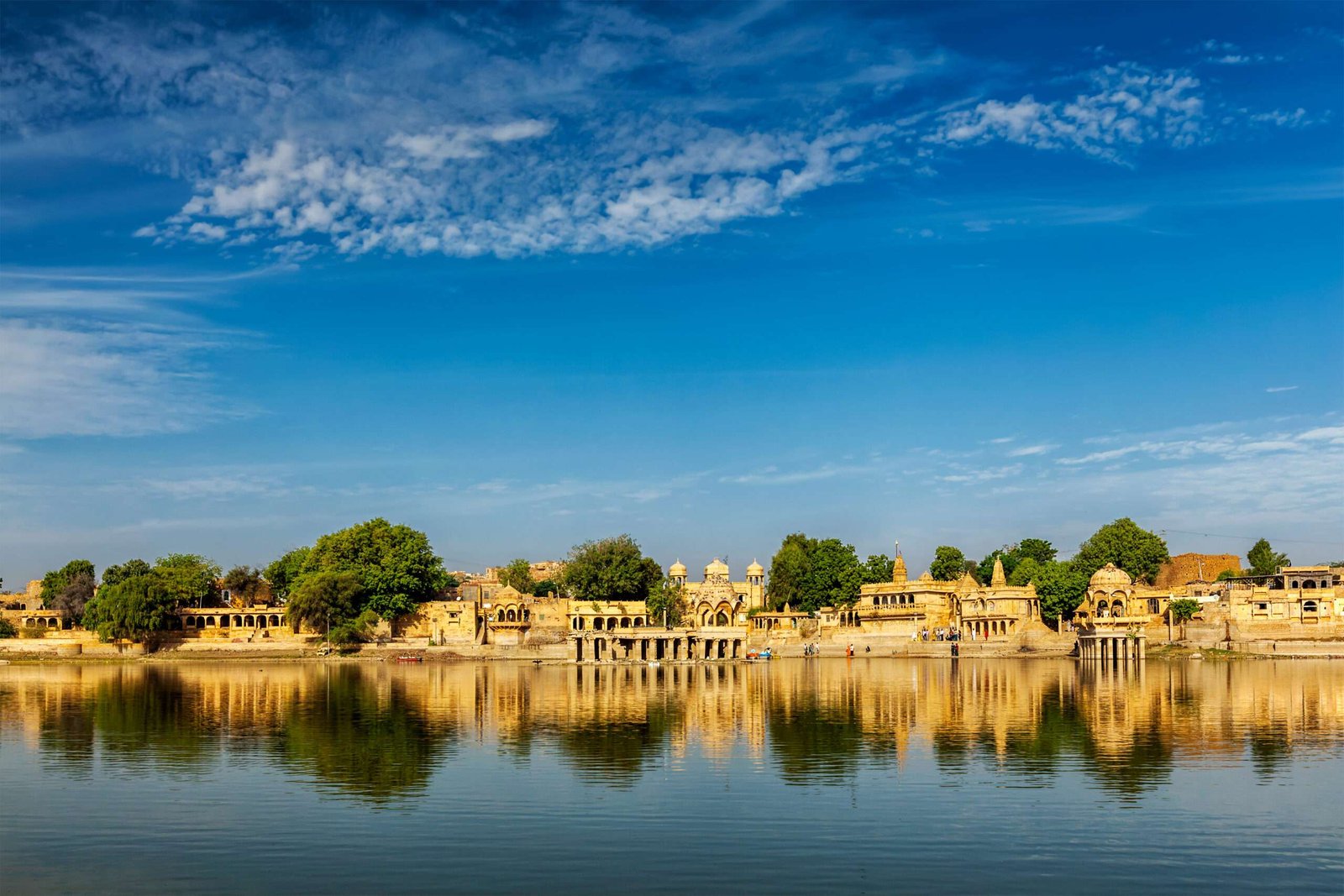 Indian tourist landmark Gadi Sagar - artificial lake. Jaisalmer, Rajasthan, India